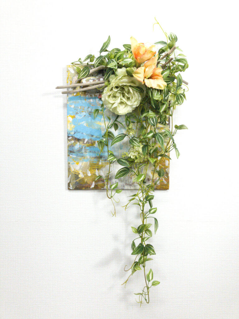 壁掛け　造花　流木　アート　バラ　アマリリス