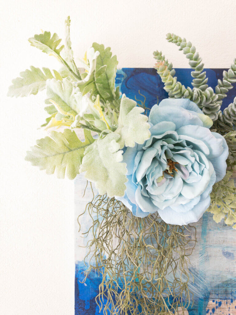 壁掛け　造花　流木　アート　青いバラ　フェイクグリーン