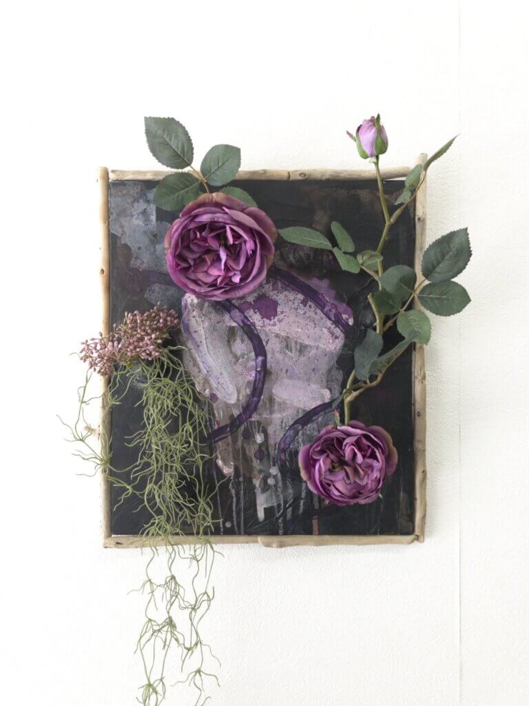 壁掛け　造花　バラ　流木　アート