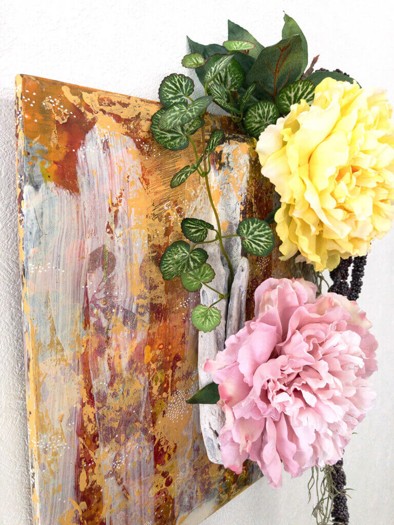 壁掛け　造花　アート　芍薬　ユキノシタ