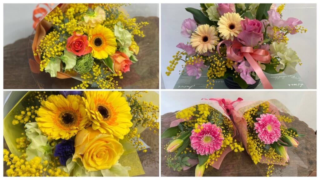 ミモザ アカシア 花束 アレンジメント ガーベラ チューリップ スイートピー