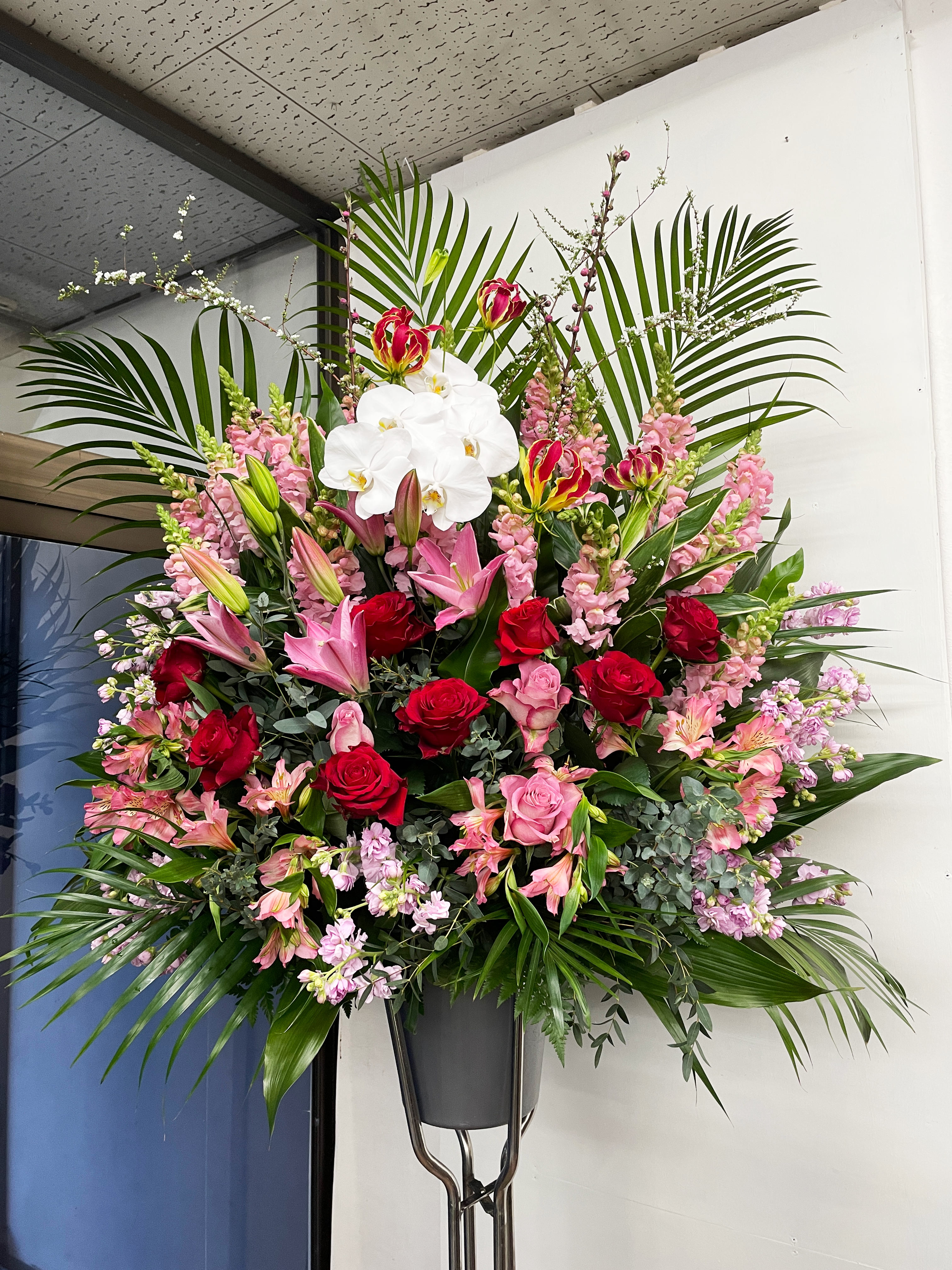 御祝スタンド花 1段 胡蝶蘭 赤ピンク 平戸市 タナカヤ花店