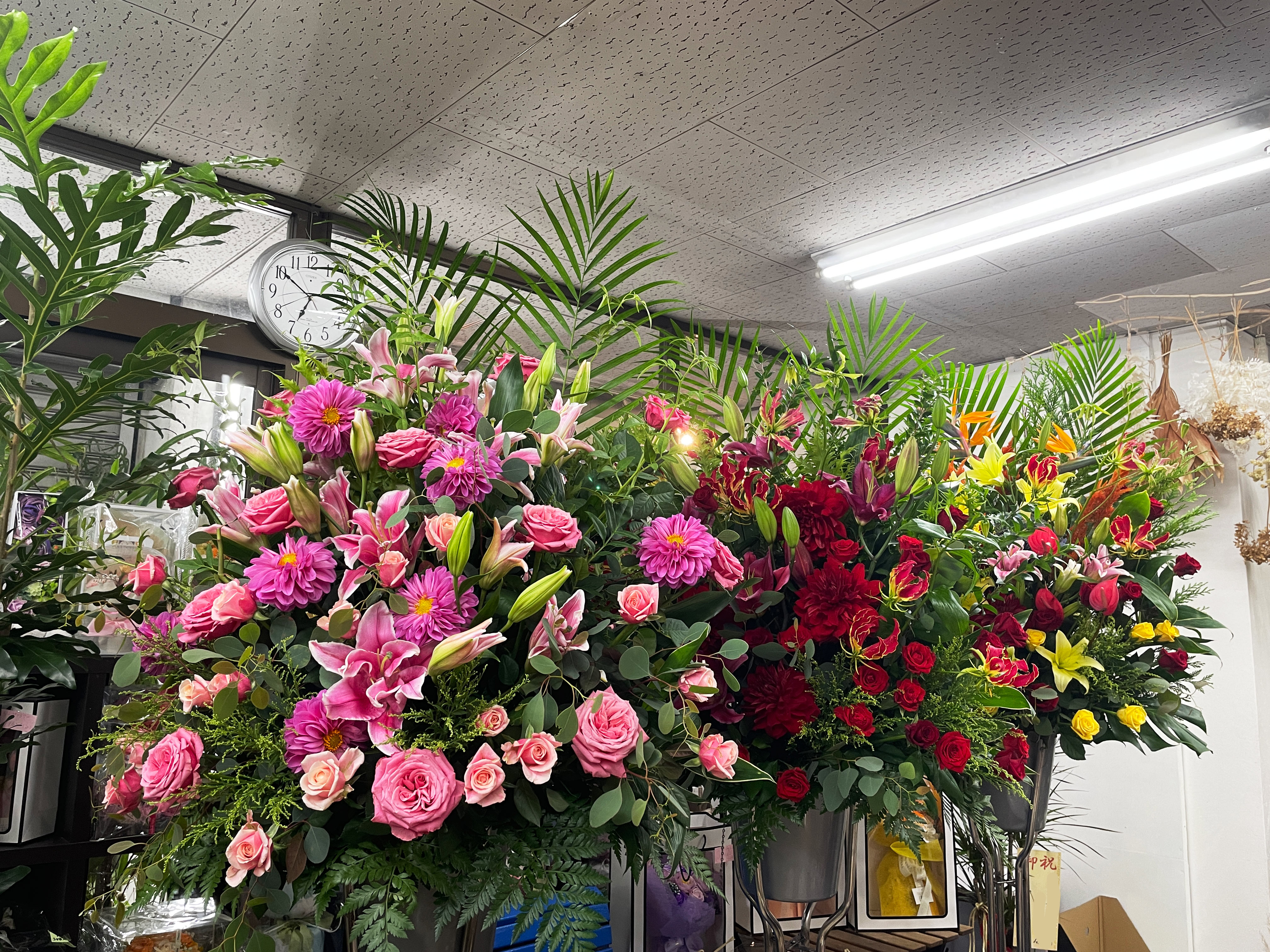 御祝スタンド花 1段 ピンク 下げ札 開店祝い 平戸市 タナカヤ花店